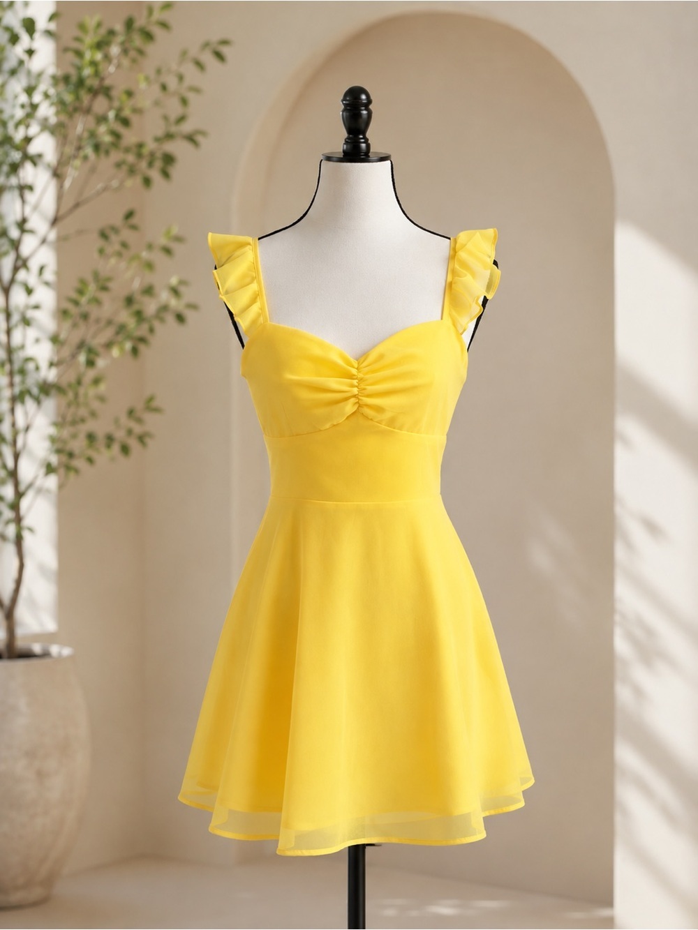 Yellow Ruffle Strap Lace Up Mini Dress - Picture 5 of 7